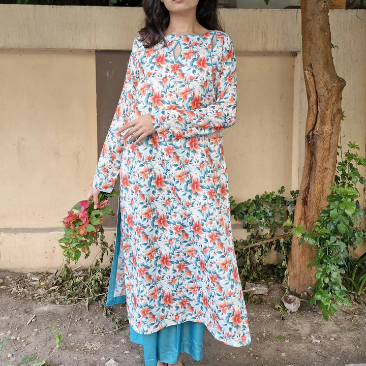 Salmon Orange & Seaweed Green Unstitched Two Piece image 2