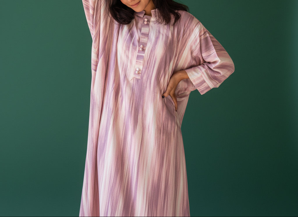 Person wearing a long, light-colored dress with buttons on a green background
