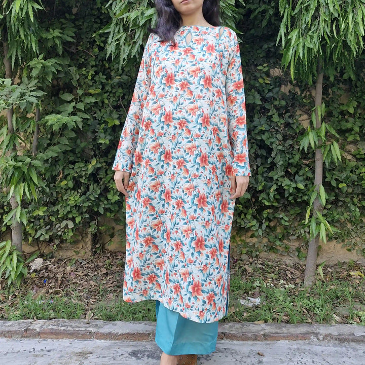 Salmon Orange & Seaweed Green Unstitched Two Piece image 3